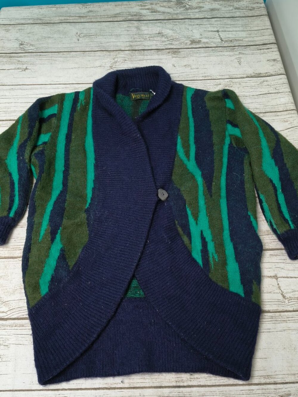VERA PELLE London Italy Wool Blend Knit Cardigan Sweater Green Blue Small